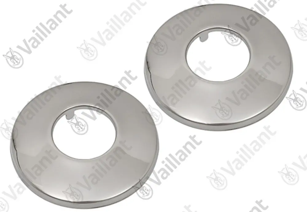 Zwei runde, glänzende Metalldeckel von Vaillant mit mittigem Loch zur Abdeckung von Rohröffnungen oder Befestigungen.